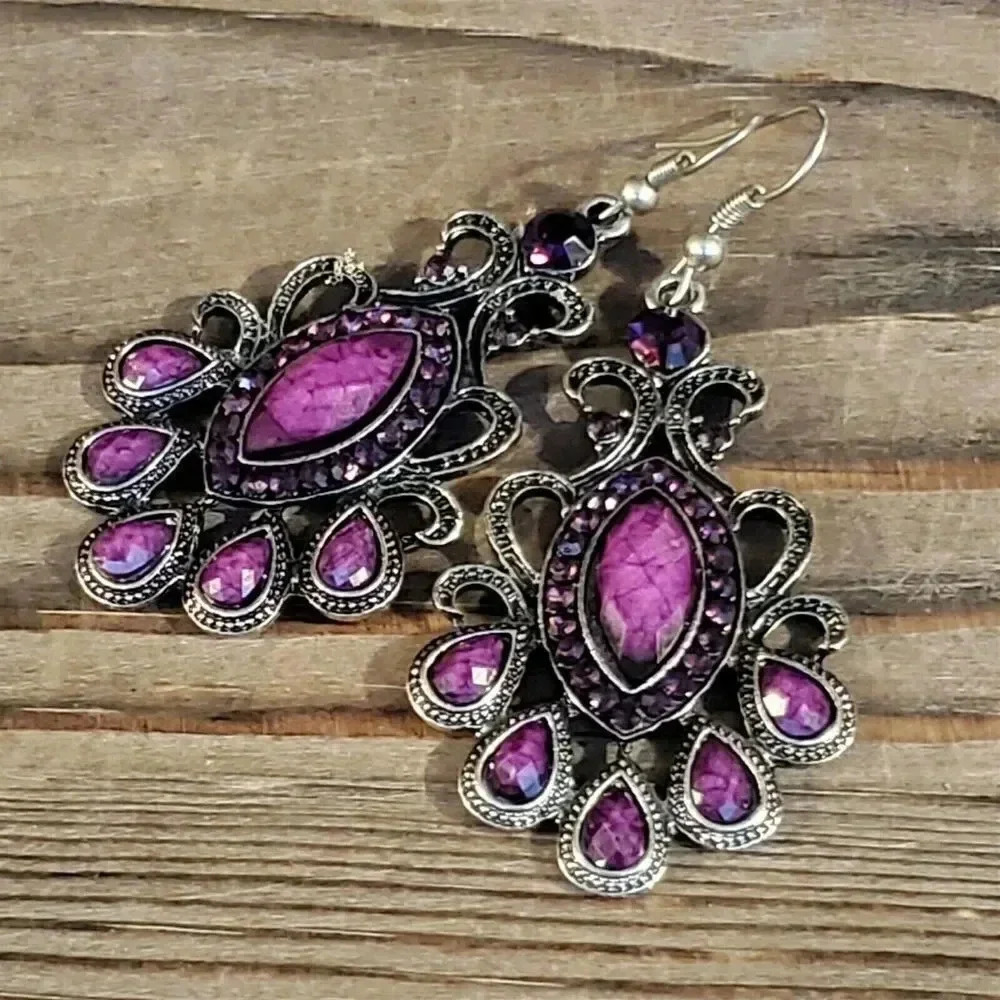 Vintage 90s Lacy Purple Marquise Antique Silver Acrylic Crystal Dangle Earrings - Picture 5 of 8